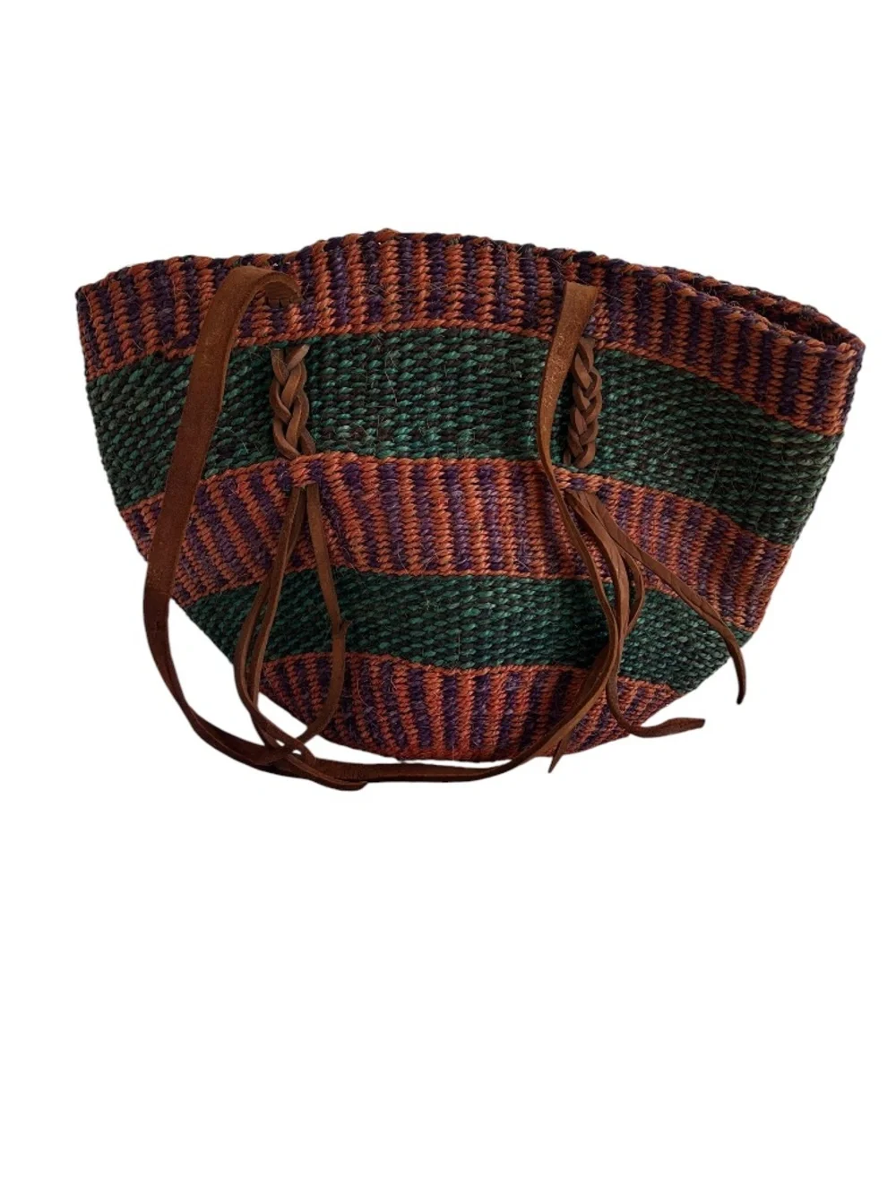 Kenyan Hand Made RICH colors purple green straw leather basket bag purse